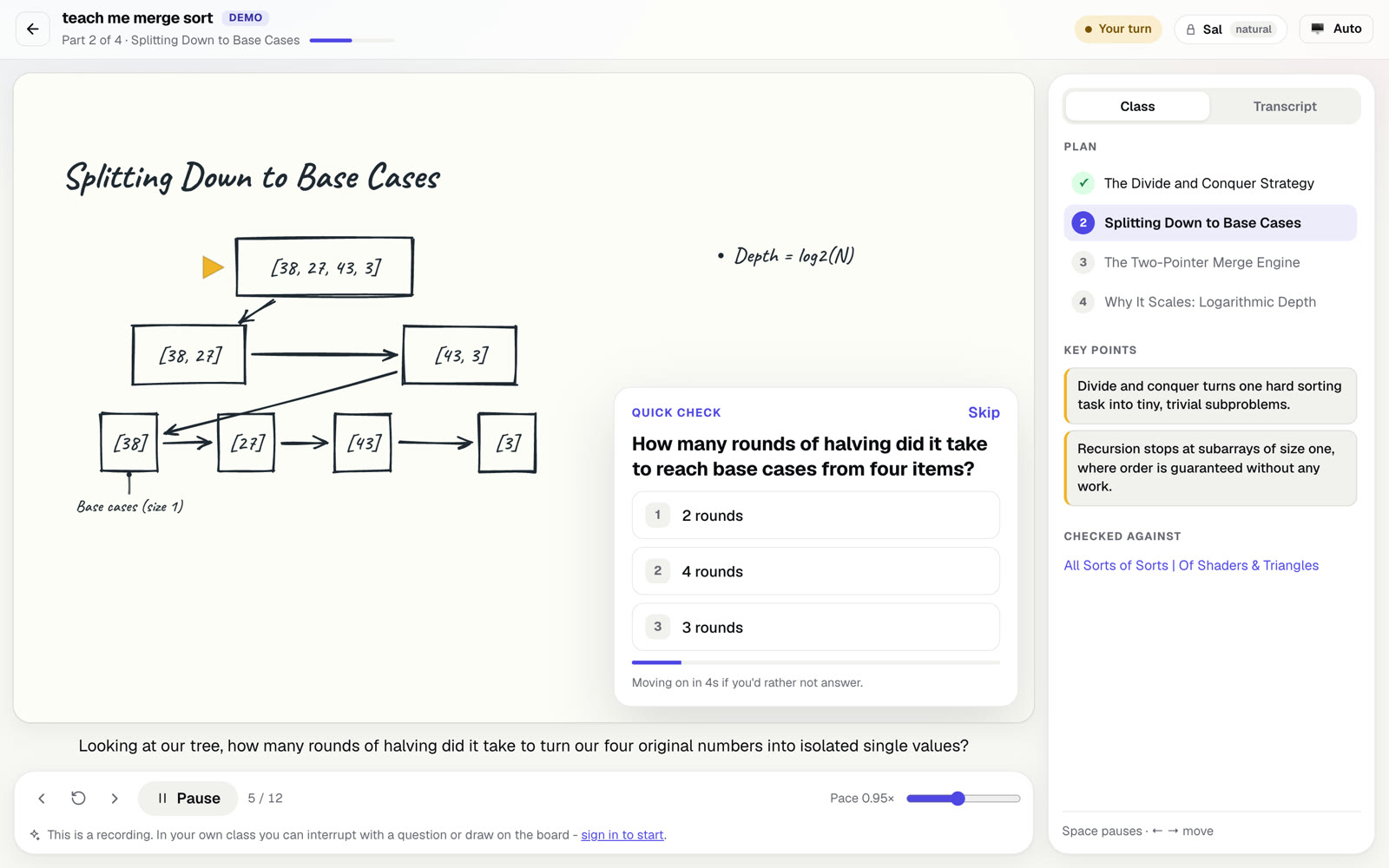 A Crayon Board class on merge sort: the whiteboard shows a hand-drawn diagram and a quick-check question, with the class plan and key points beside it