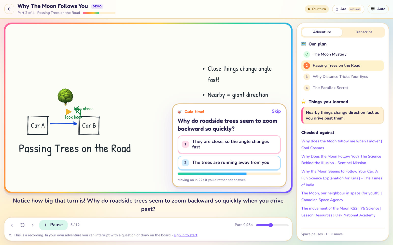 Kids mode: a colourful drawing of two cars and a tree, with a quiz question